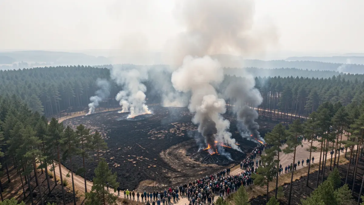 Generic image of a large forest fire with smoke rising into a hazy sky.