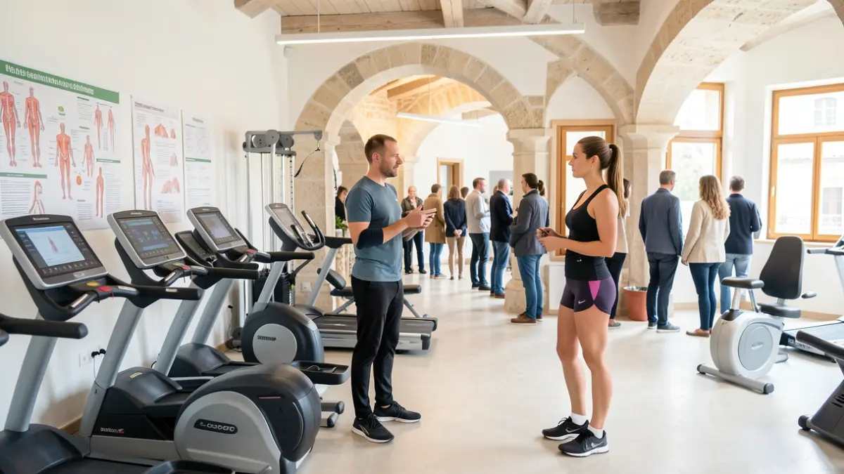 Imatge d'un centre de prehabilitació oncològica amb equipament d'exercici i personal mèdic.