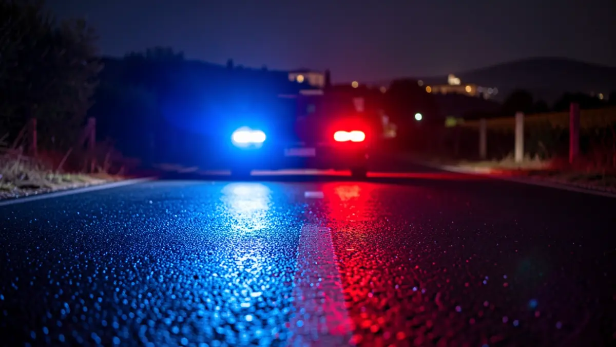 Generic image of police emergency lights reflecting on asphalt at night.