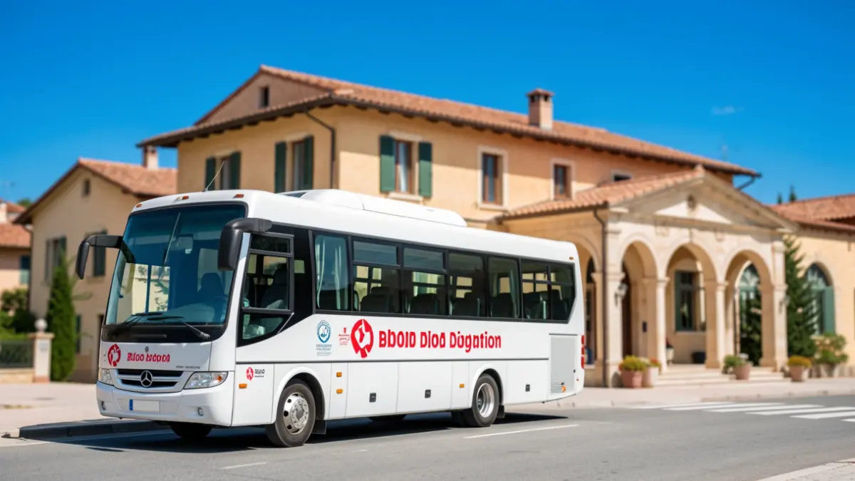 Imatge genèrica d'un autobús de donació de sang davant d'un edifici públic en un dia assolellat.