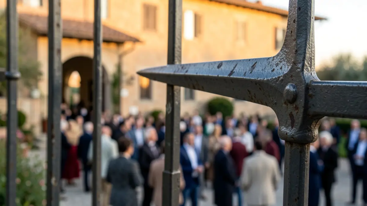 Imatge d'una punta de llança metàl·lica d'una tanca decorativa, amb el fons difuminat d'una entrada de vila mediterrània a l'alba.