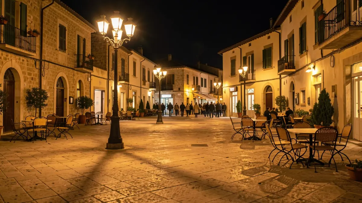 Imatge genèrica d'una plaça de poble valencià a la nit.
