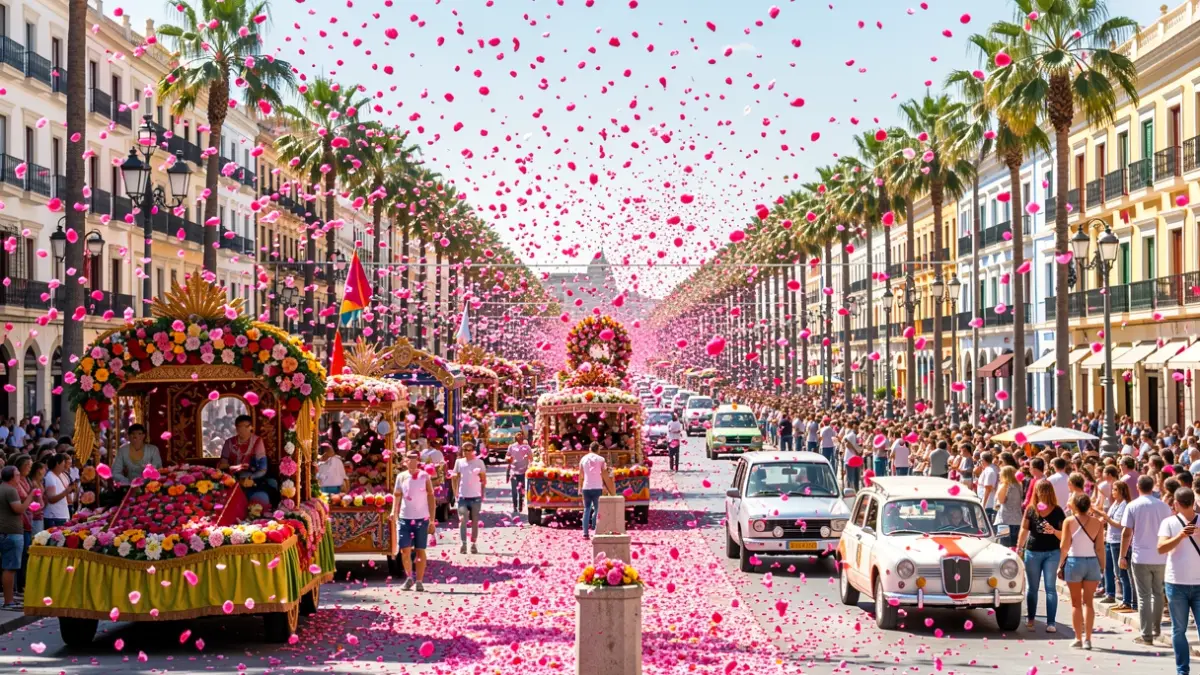 Generic image of the Batalla de Flores in Valencia with thousands of carnation petals flying.