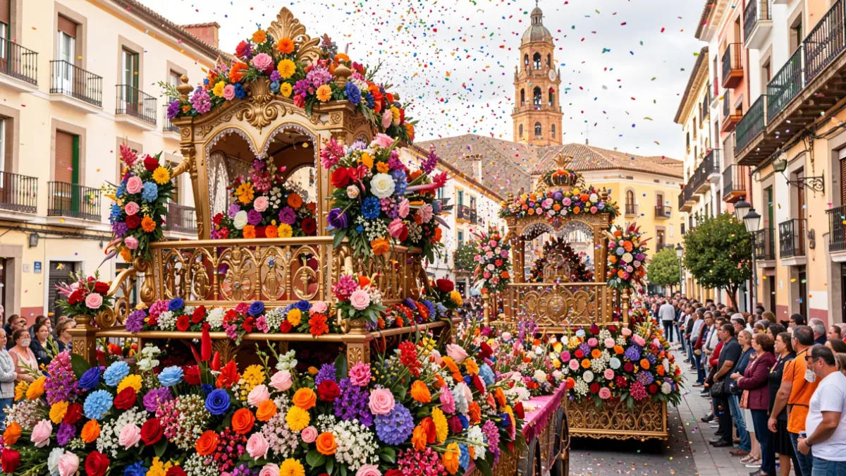 Imagen genérica de la Batalla de Flores en Valencia, con carrozas decoradas y confeti.