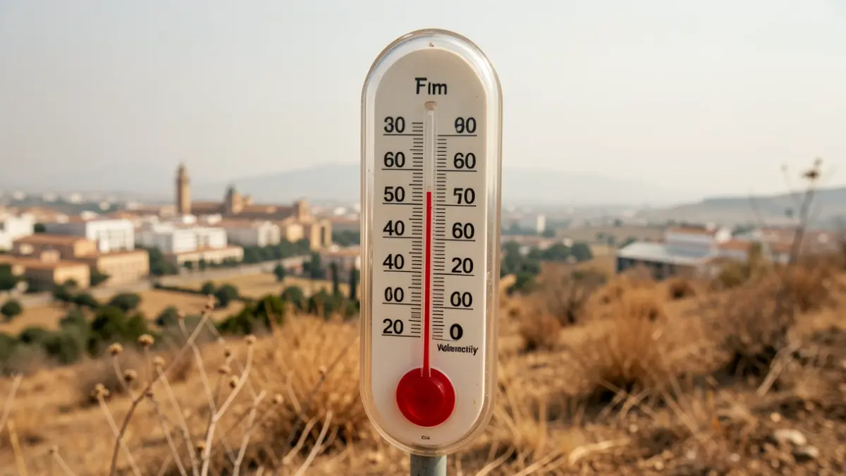 Imatge genèrica d'un termòmetre marcant temperatures extremes en un paisatge valencià sec sota un cel tapat.
