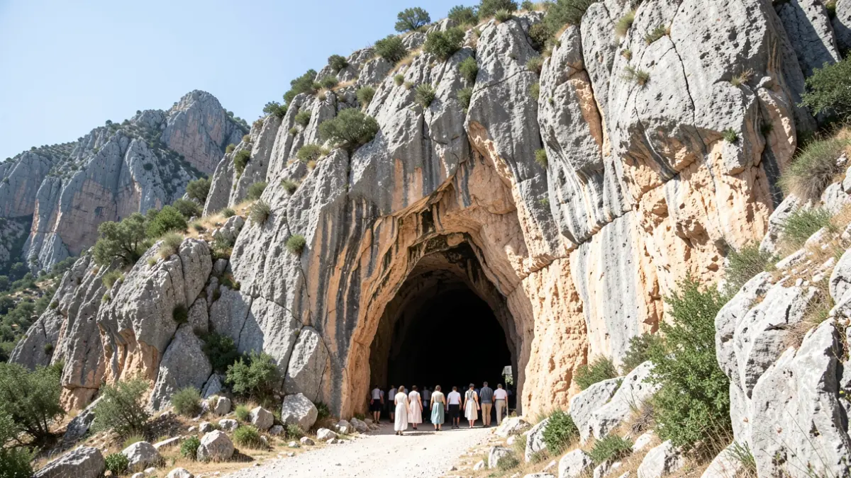 Entrada de la Cova de l'Or en un entorno montañoso mediterráneo.