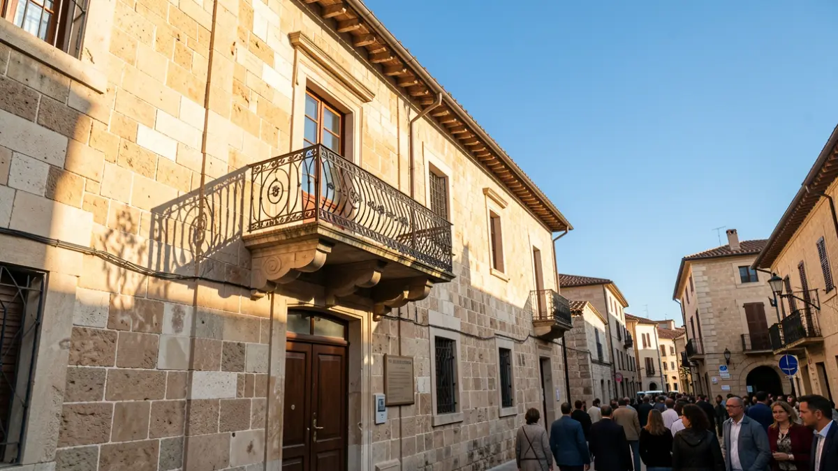 Stone facade of a town hall with a wrought iron balcony under sunlight.
