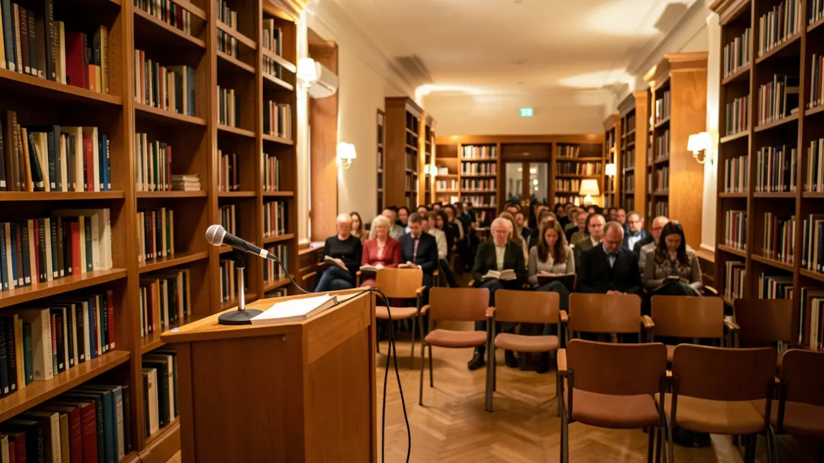 Generic image of a cultural space with a microphone and chairs.