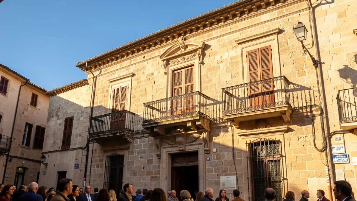 Facade of a traditional town hall with a balcony and iron railings under sunlight.