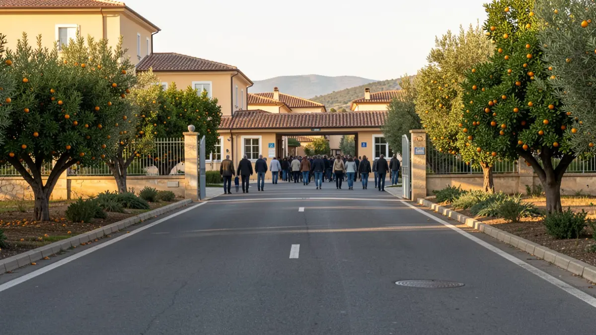 Image of a hospital access area with asphalt and Mediterranean vegetation.