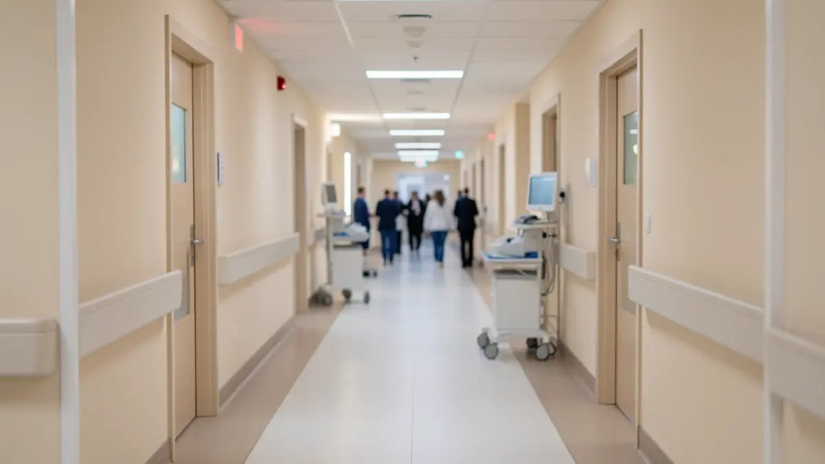 Generic image of a hospital corridor with soft lighting.