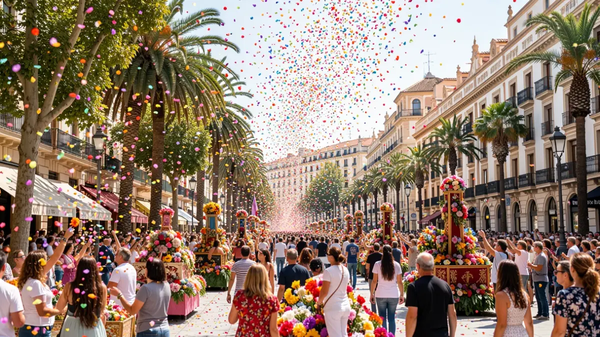 Imagen de la Batalla de las Flores en Valencia con carrozas y pétalos de flores.