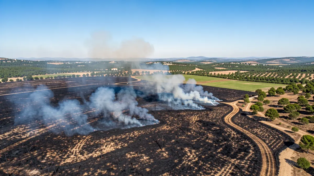 Imagen aérea de una zona afectada por un incendio forestal en la Plana Baixa.