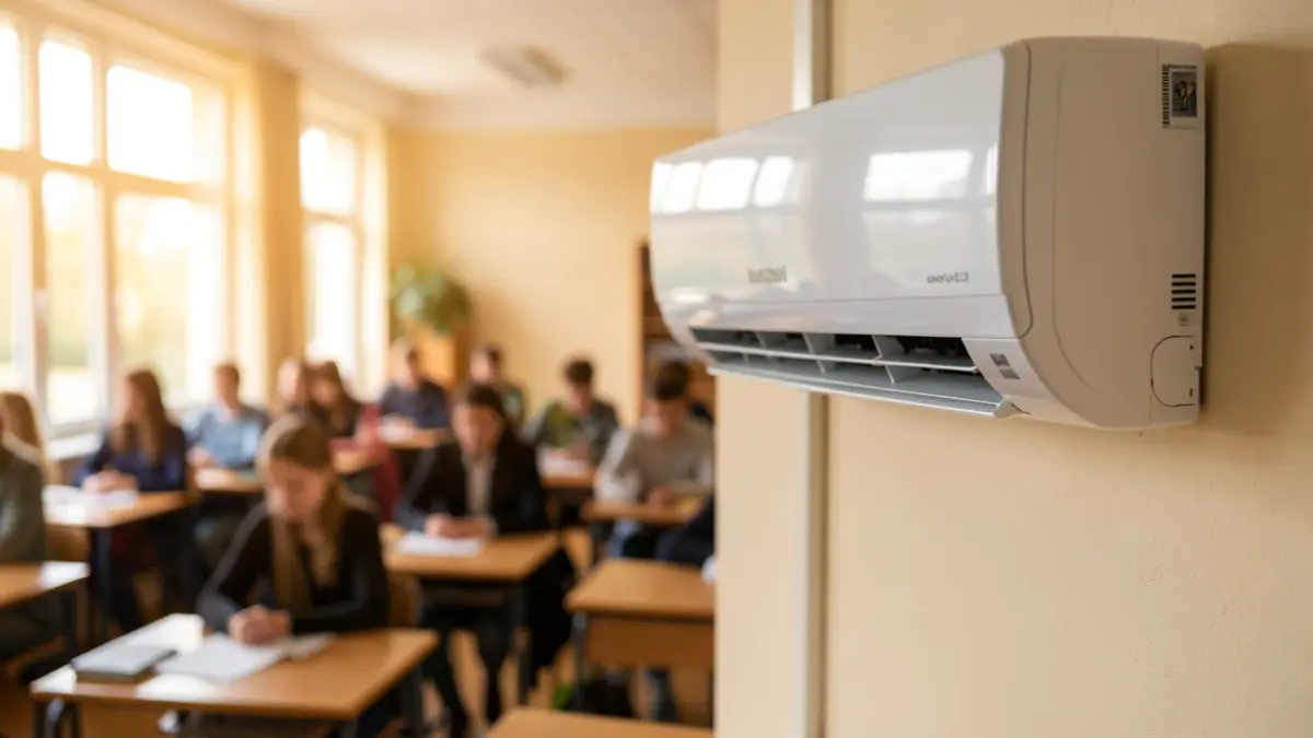 Imatge genèrica d'un aparell d'aire condicionat en un aula escolar.