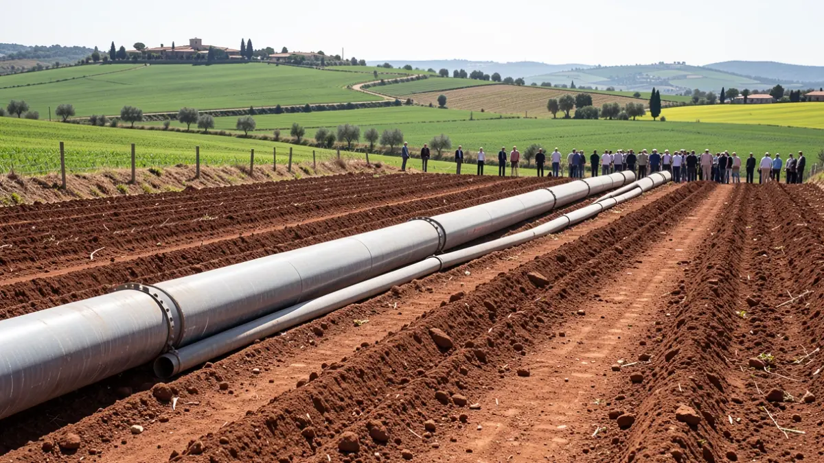 Imagen genérica de obras de infraestructura hidráulica en un entorno rural mediterráneo.