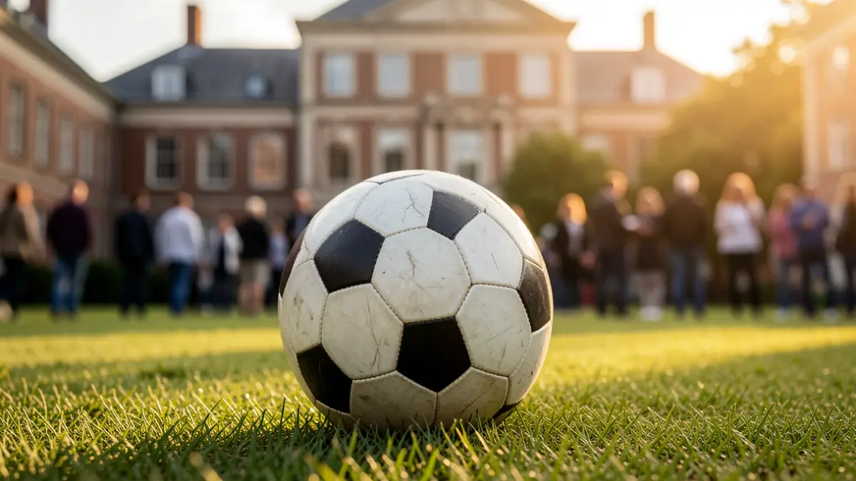 Imatge genèrica d'una pilota de futbol sobre la gespa d'un campus universitari.