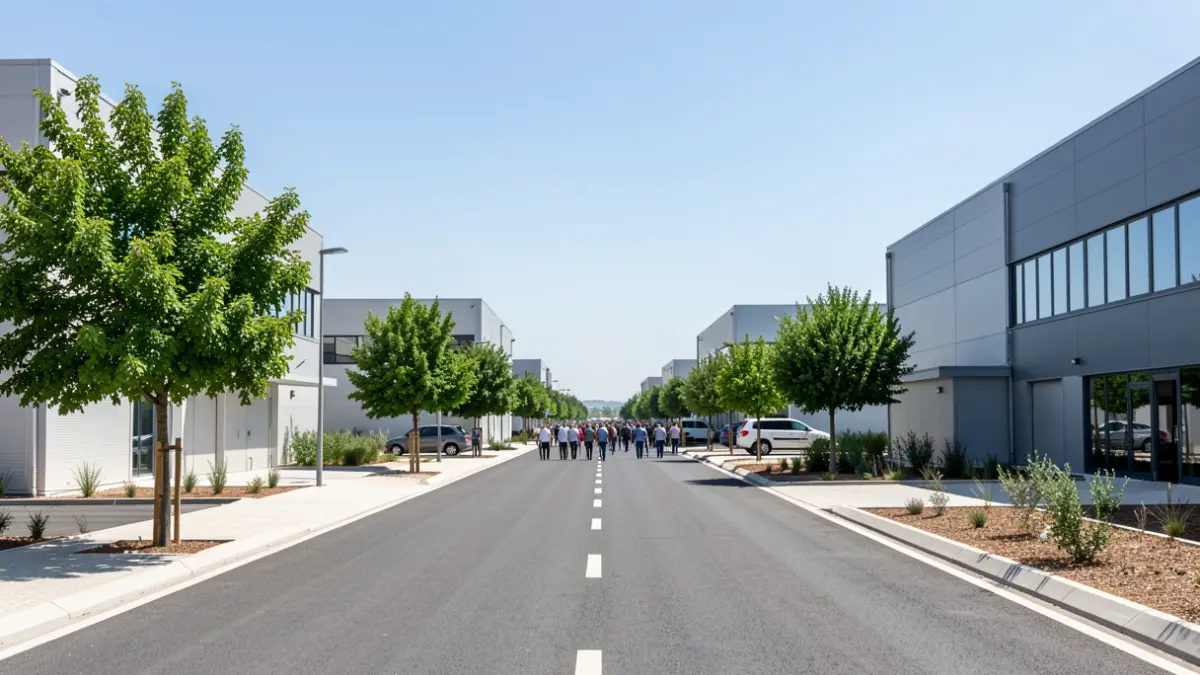Imagen genérica de un polígono industrial moderno con calles asfaltadas y naves en un entorno mediterráneo.