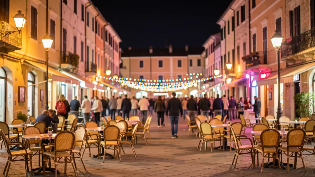 Imatge genèrica d'una plaça de ciutat mediterrània durant una festa nocturna amb llums de colors.