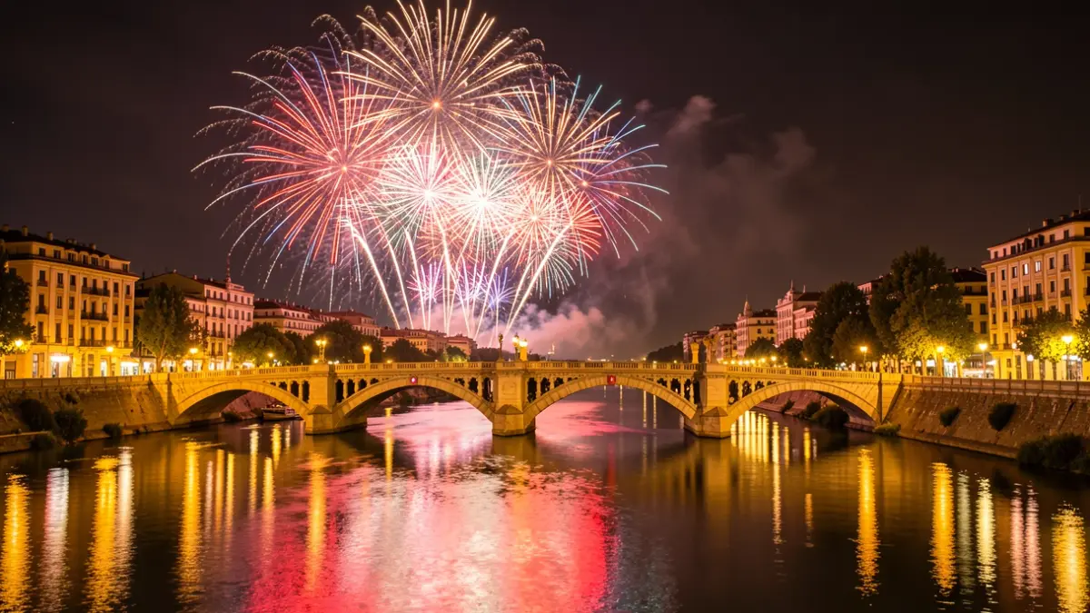 The 'Titanium' fireworks display over the Puente de Serranos during the Gran Nit de Juliol in València.