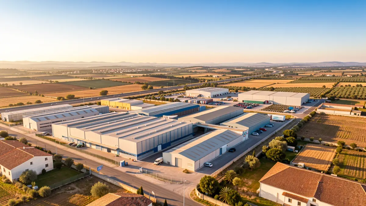 Imagen genérica de un polígono industrial con naves y carreteras.