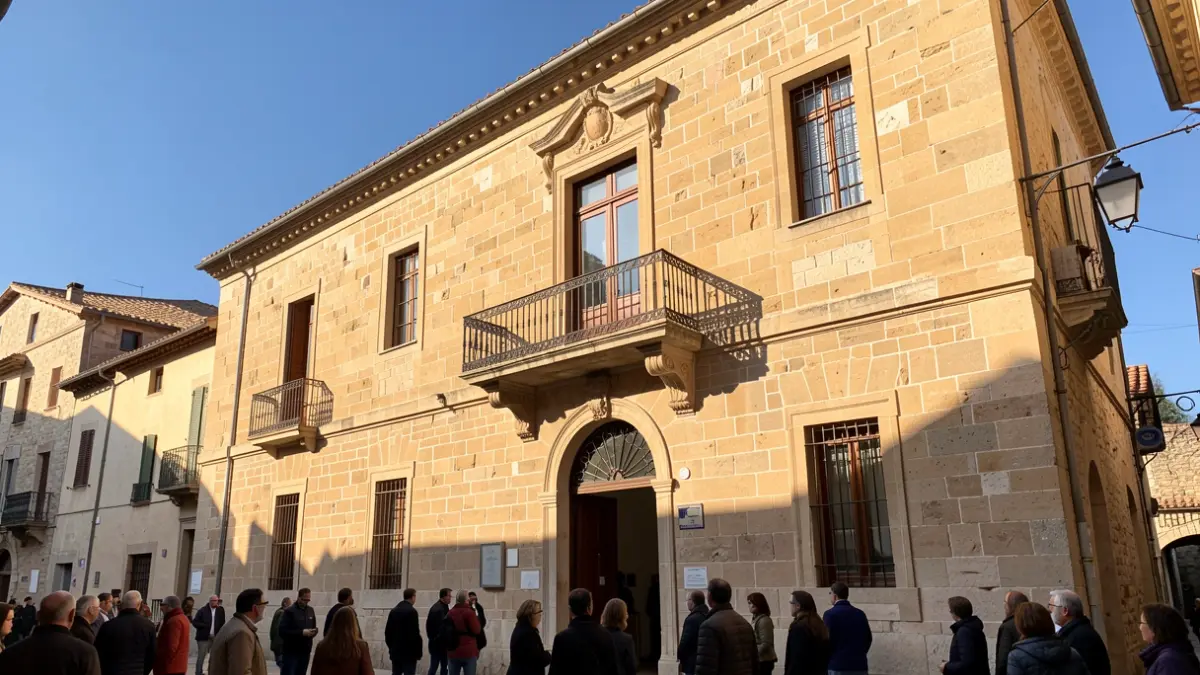 Stone facade of a town hall with an ornate balcony under sunlight.