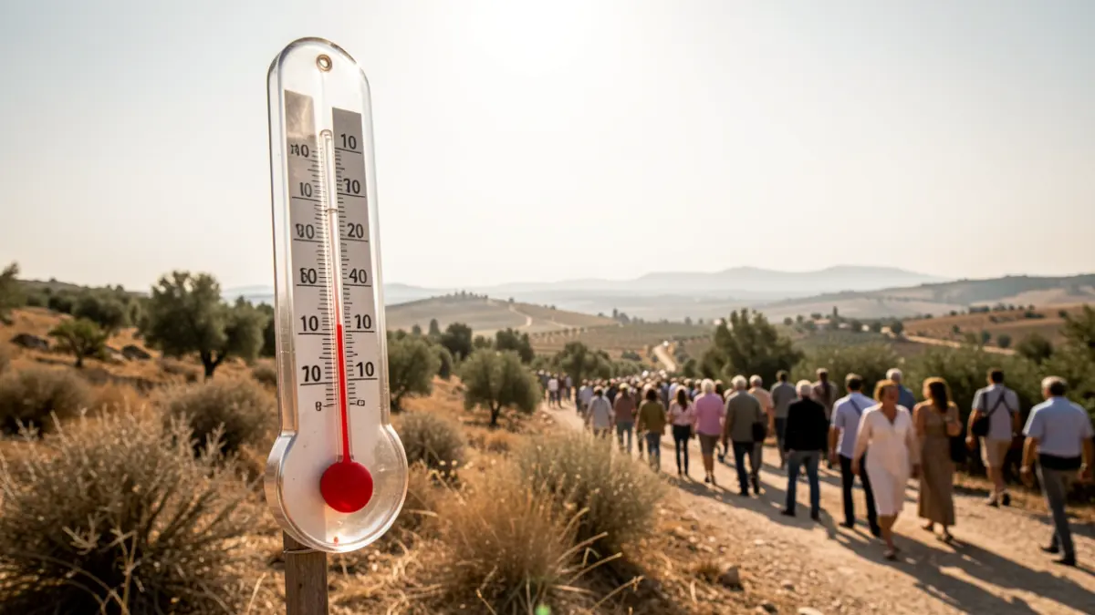 Generic image of a thermometer showing extreme temperatures in a dry Mediterranean landscape.