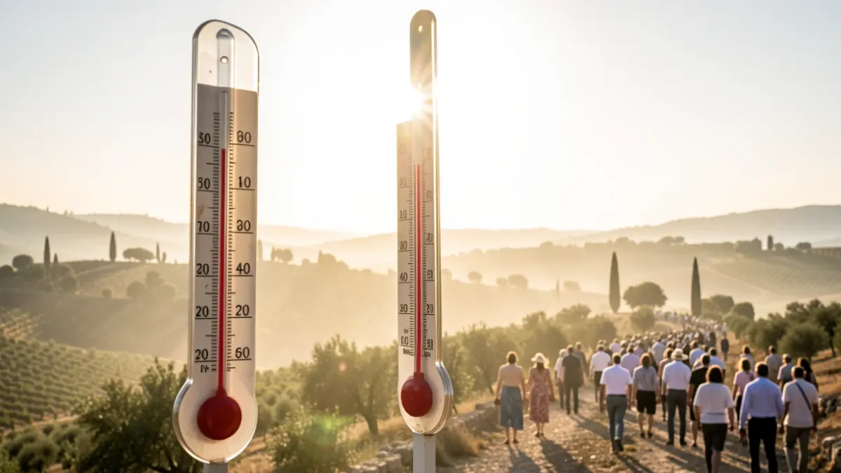 Imatge genèrica d'un termòmetre marcant temperatures extremes sota un sol intens en un paisatge mediterrani.