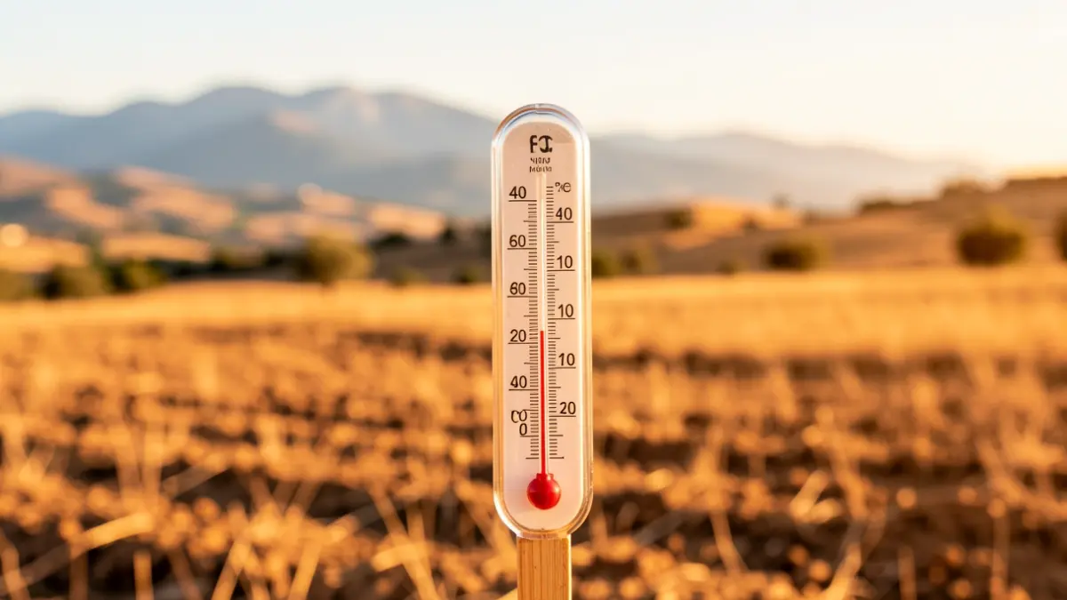 Termómetro marcando más de 40 grados en un paisaje mediterráneo seco y soleado.