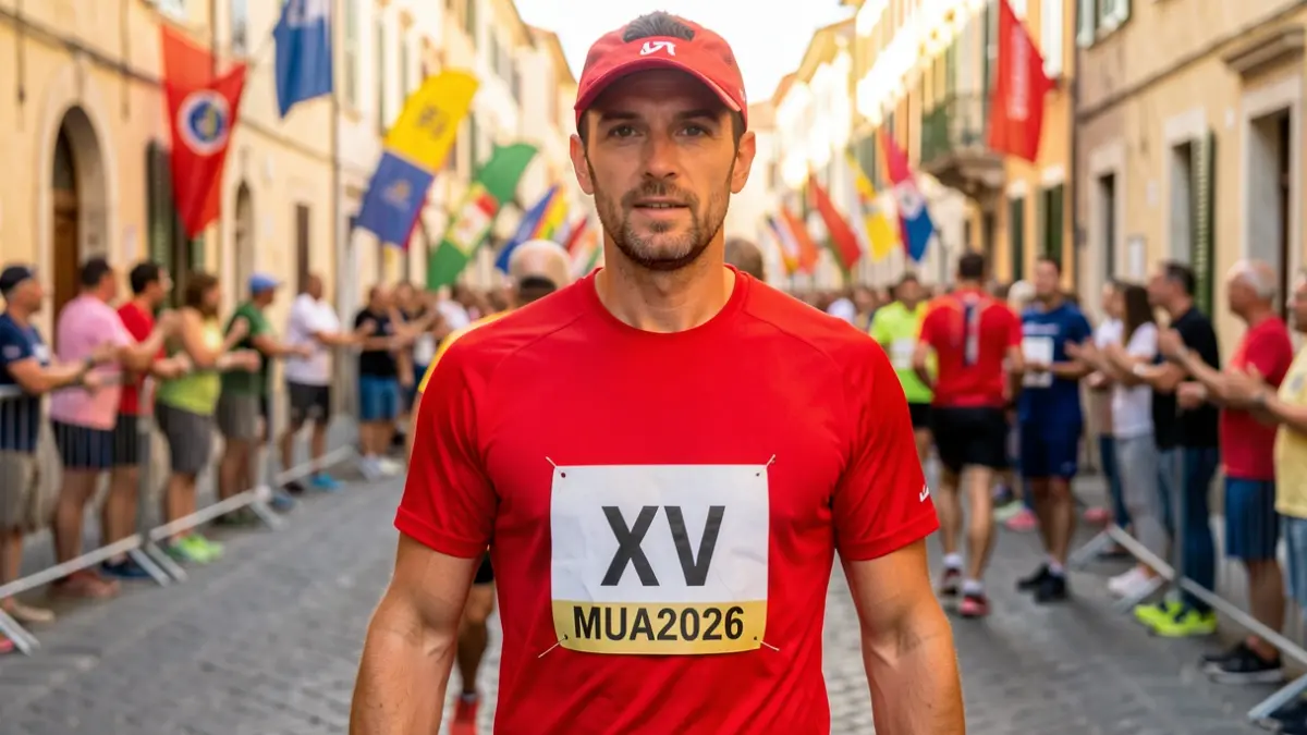 Dorsal de corredor amb el número XV i el text MUA2026 sobre una samarreta de running, amb un fons urbà borós d'una ciutat mediterrània.