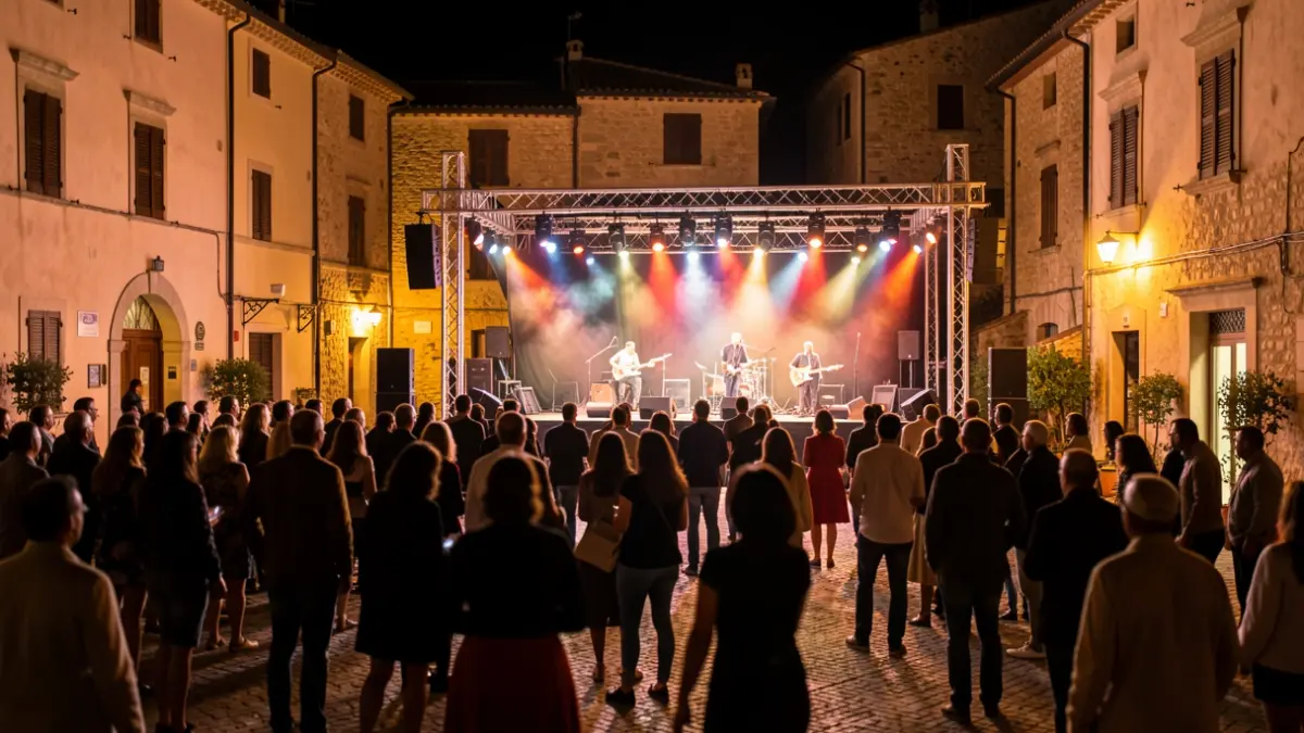 Escena festiva nocturna en una plaza de Dénia durante la celebración de la Festa Major.