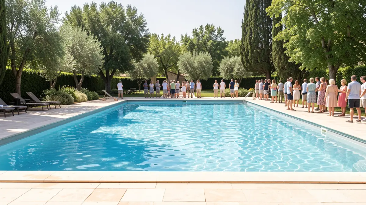 Generic image of an outdoor municipal swimming pool during summer.