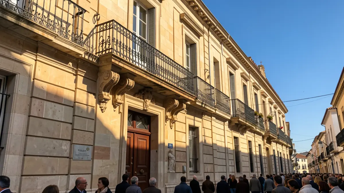 Facade of a historic building with a balcony and iron railings, illuminated by the afternoon sun.
