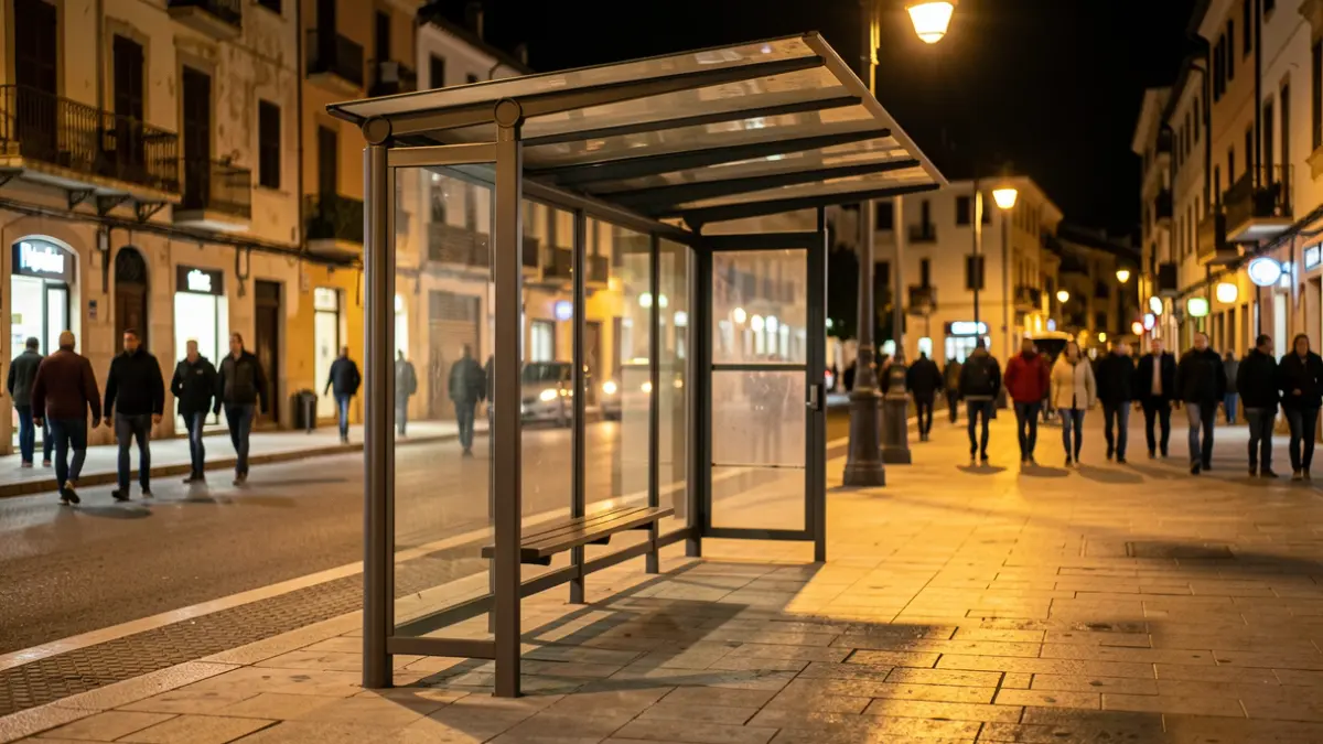 Generic image of a bus stop at night in a Mediterranean urban setting.