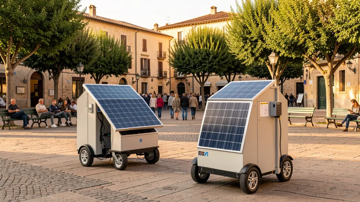 Imagen genérica de cargadores solares para móviles instalados en una plaza pública.