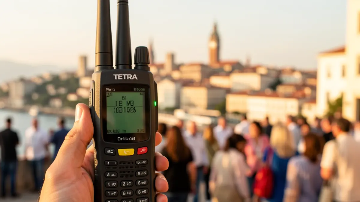 Generic image of a TETRA radio terminal with a Mediterranean urban landscape in the background.