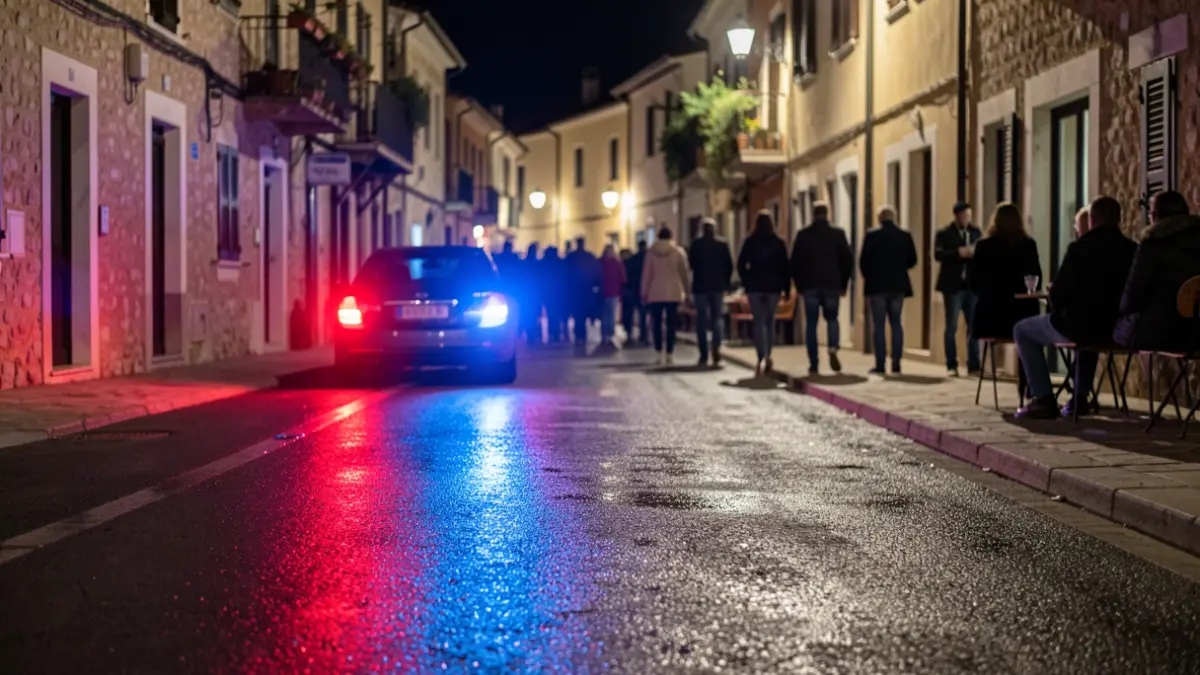 Imagen genérica de luces de emergencia policial reflejadas en el asfalto durante la noche.