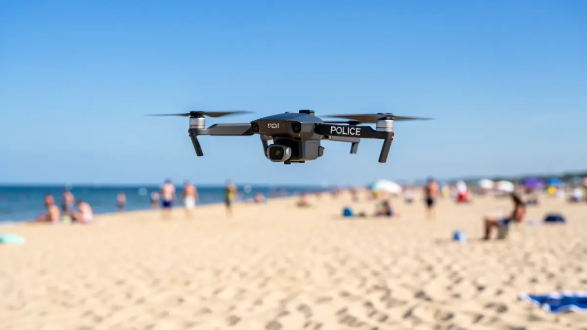 Generic image of a police drone flying over a beach.