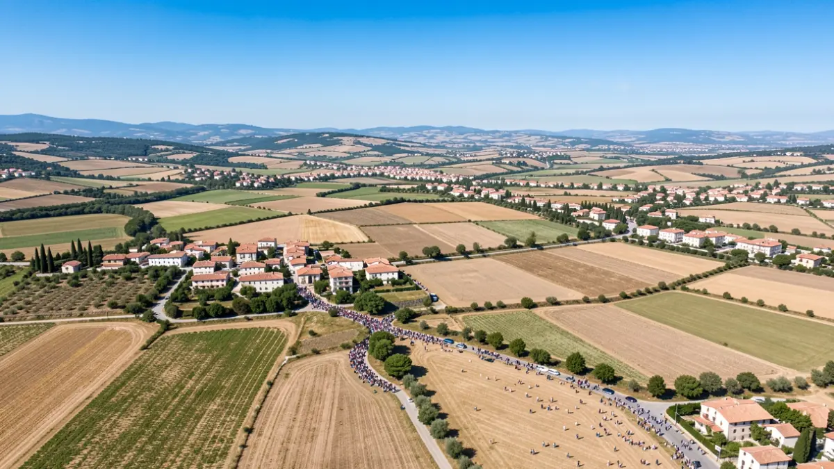 Vista aèria genèrica de la comarca de la Ribera Alta amb camps i pobles.