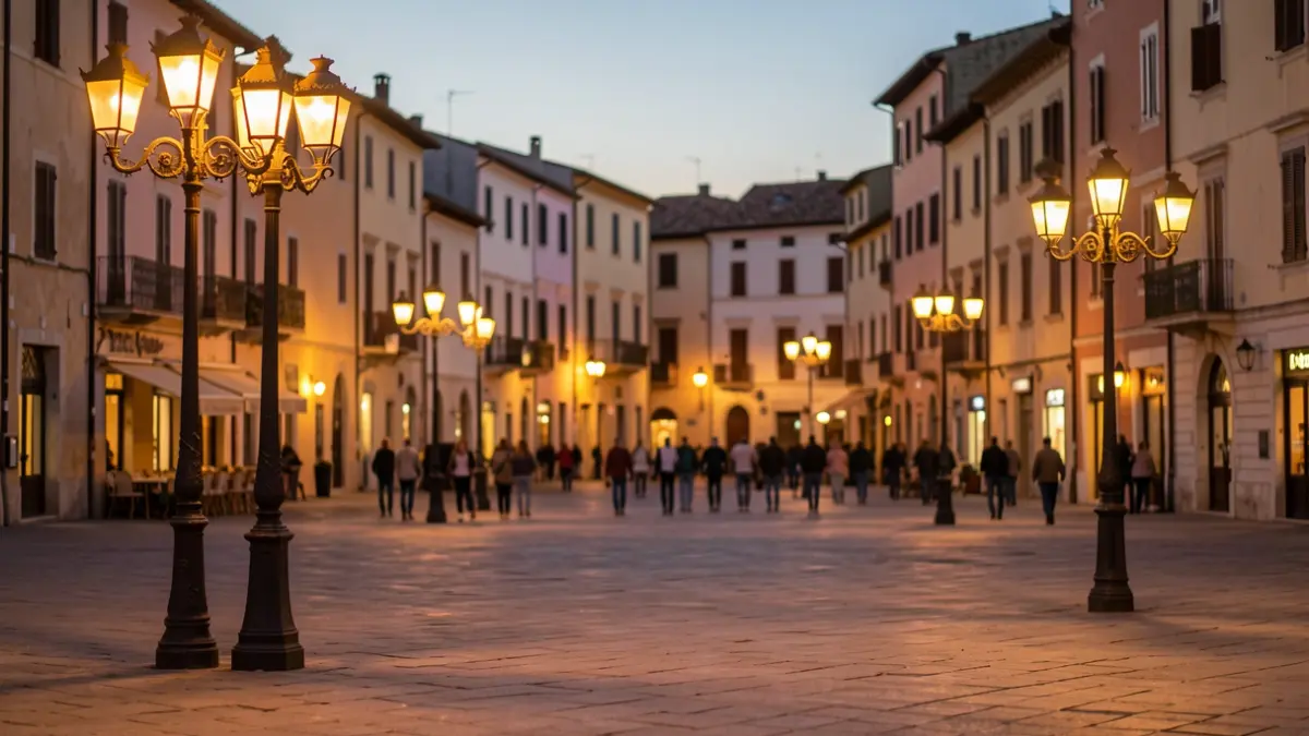 Generic image of a public square in a Mediterranean town at dusk.