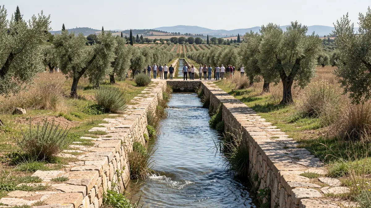 Imatge genèrica d'un canal de regadiu antic en un paisatge agrícola valencià.