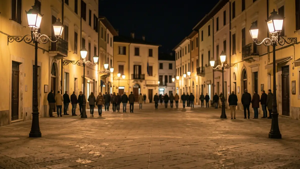 Generic image of a square in a Mediterranean town at night.