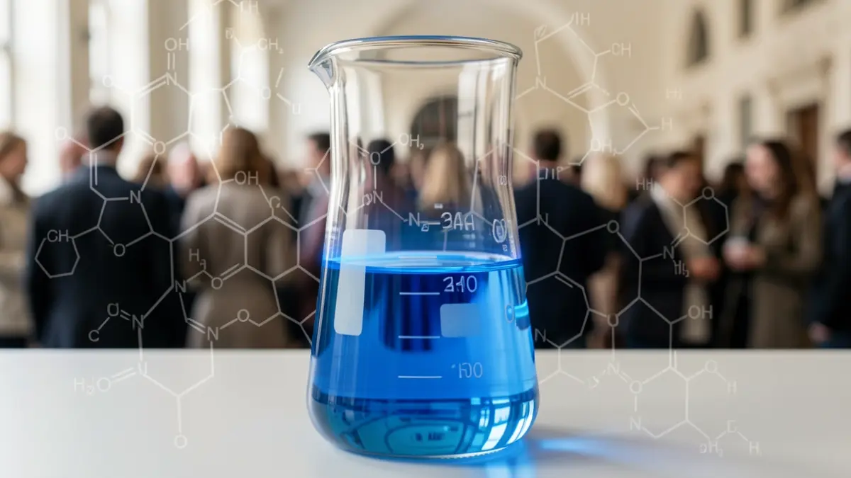 Imatge genèrica d'un laboratori amb un vas de precipitats i estructures químiques.