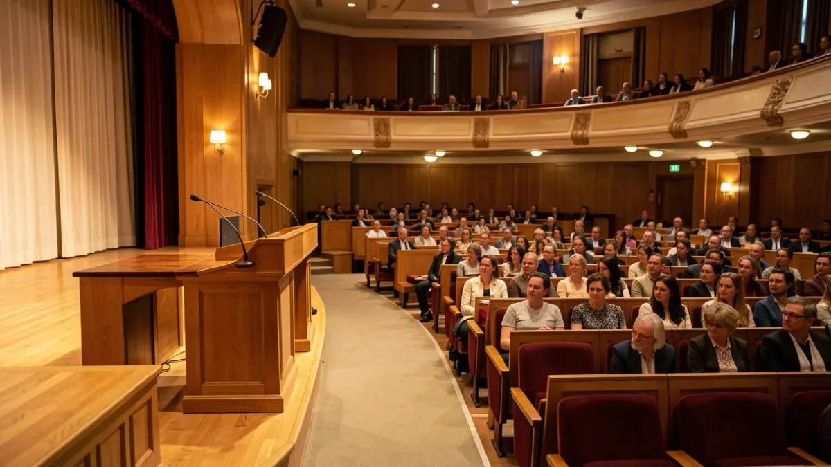 Generic image of a university auditorium with a podium prepared for an academic event.