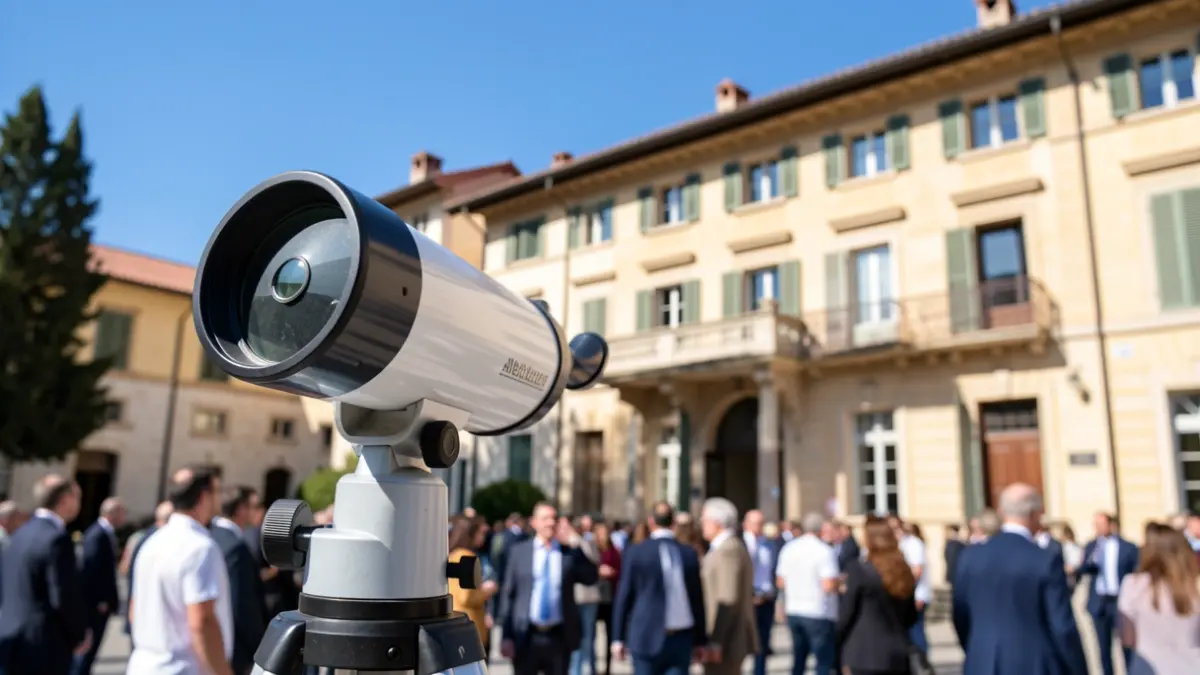 Imatge genèrica d'un telescopi preparat per a observar el Sol, amb un edifici universitari al fons.