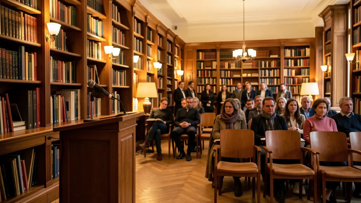 Imagen genérica de una sala de actos con micrófono y estanterías, ambiente de presentación literaria.