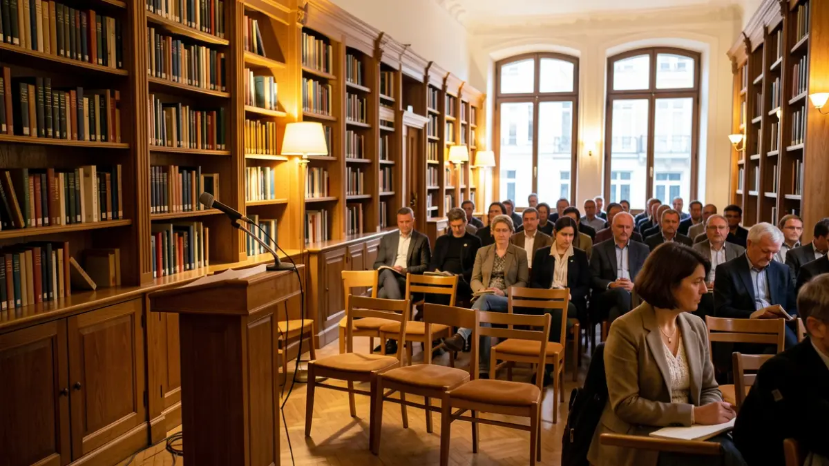 Imagen genérica de una biblioteca con estanterías de madera y un atril para presentaciones.