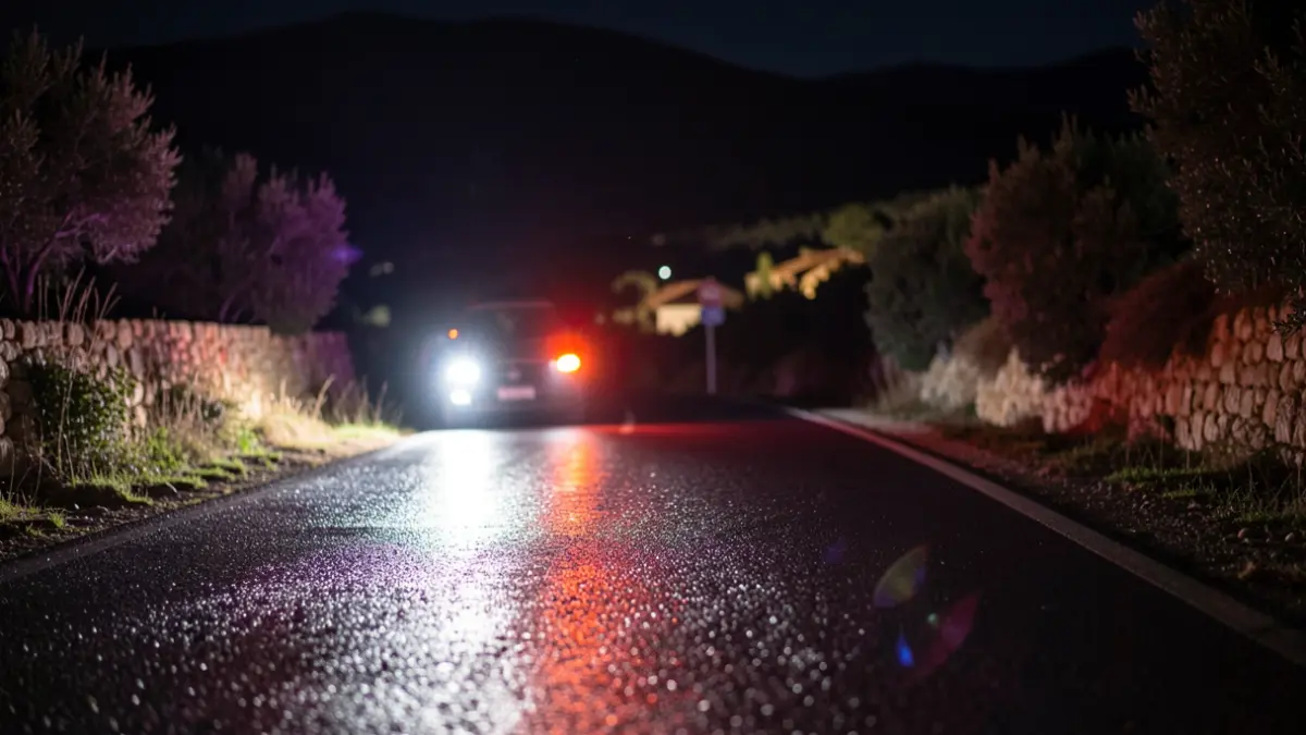 Imagen genérica de luces de emergencia reflejadas en el asfalto durante la noche.