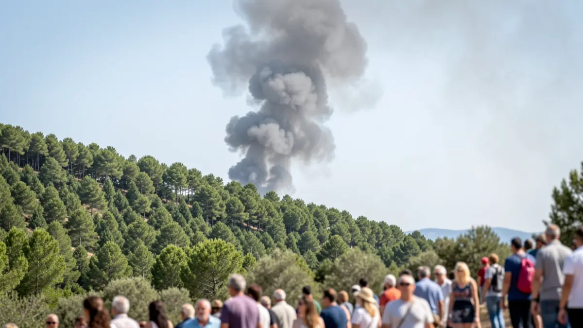 Imatge genèrica d'una columna de fum sobre una zona forestal afectada per un incendi.