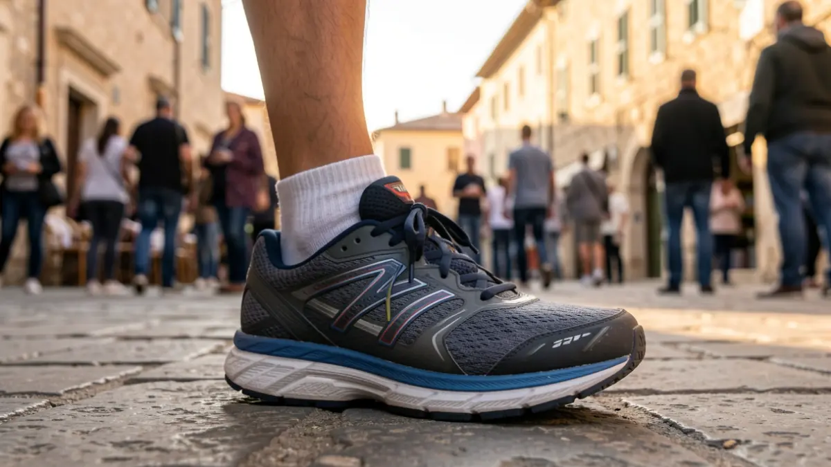 Imagen genérica de unas zapatillas de correr sobre un pavimento de piedra en un entorno urbano mediterráneo.