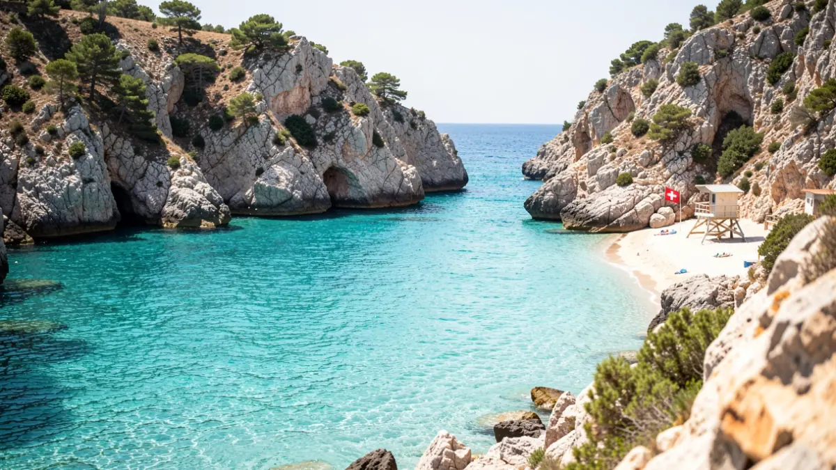 Imatge genèrica d'una cala mediterrània amb aigua cristal·lina i vigilància de socorristes.